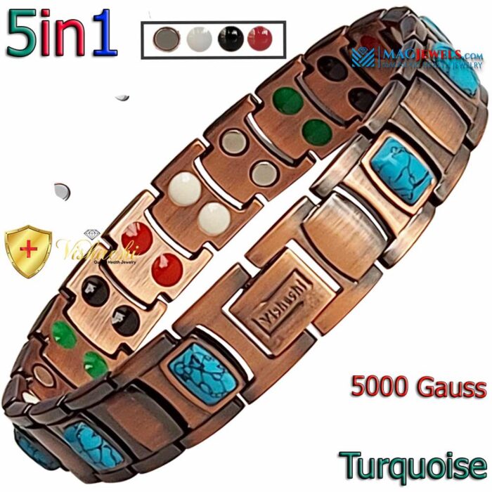 Magnetic Bracelet Pure Solid Copper Turquoise 5in1 Bio