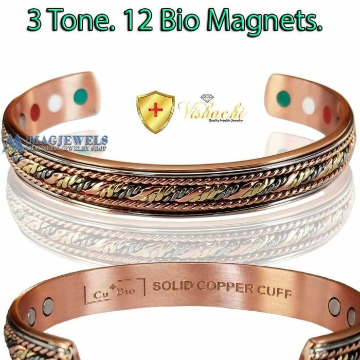 4in1 12 Bio Solid Copper Magnetic Bracelet Bangle 3 Tone Men Women Gold Silver Vishachi