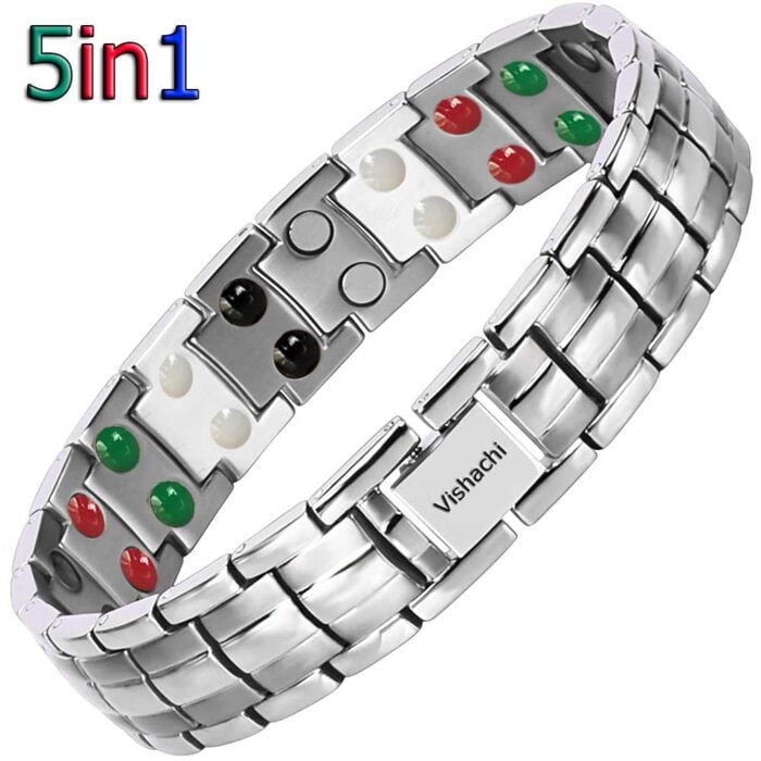 Titanium Magnetic Bracelet for Men Silver 5in1 bio Vishachi
