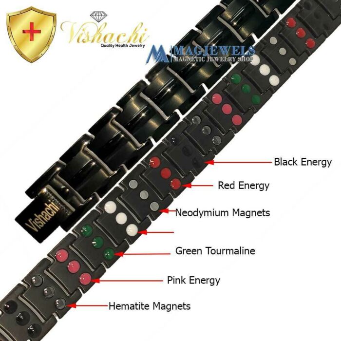 Titanium Magnetic Bracelet Men Black 3 Row 7in1 Bio Vishachi
