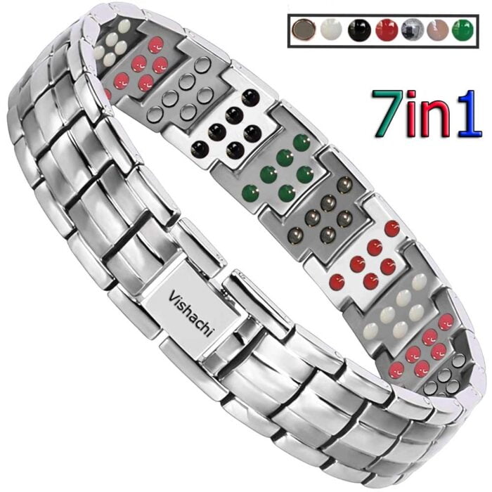 7in1 6 Row Bio Magnetic Bracelet Men Silver Titanium Vishachi