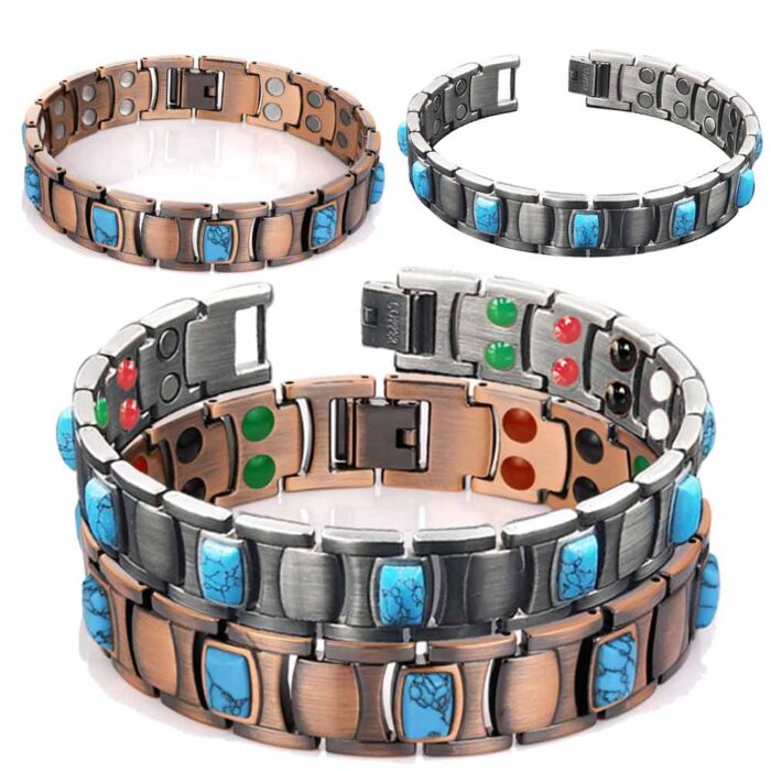 5in1 5000 Gauss Turquoise Pure Solid Copper Magnetic Bracelet Vtg Silver Vishachi